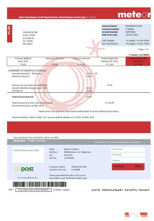 Ireland Meteor business utility bill template fully editable in PSD formats PSD template